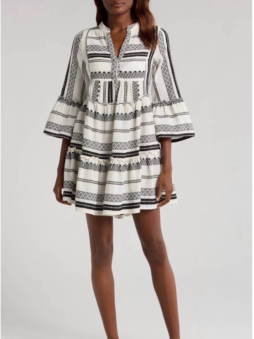 Elan Tiered Black & White Embroidered Mini Dress/Coverup